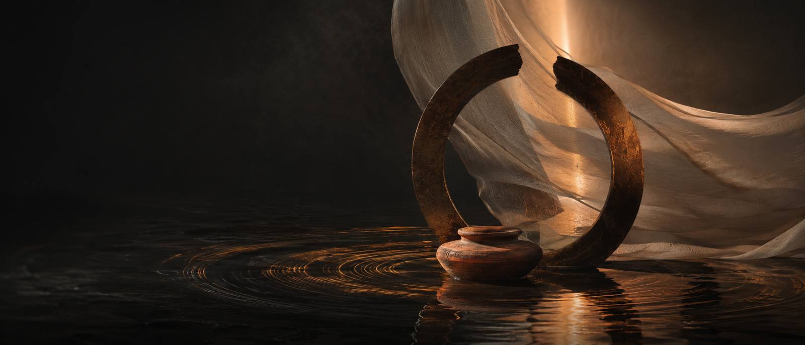 Event Design — Culture Transformed into Experience Terracotta vessel beside a monumental bronze arc, translucent fabric and reflected golden light on water